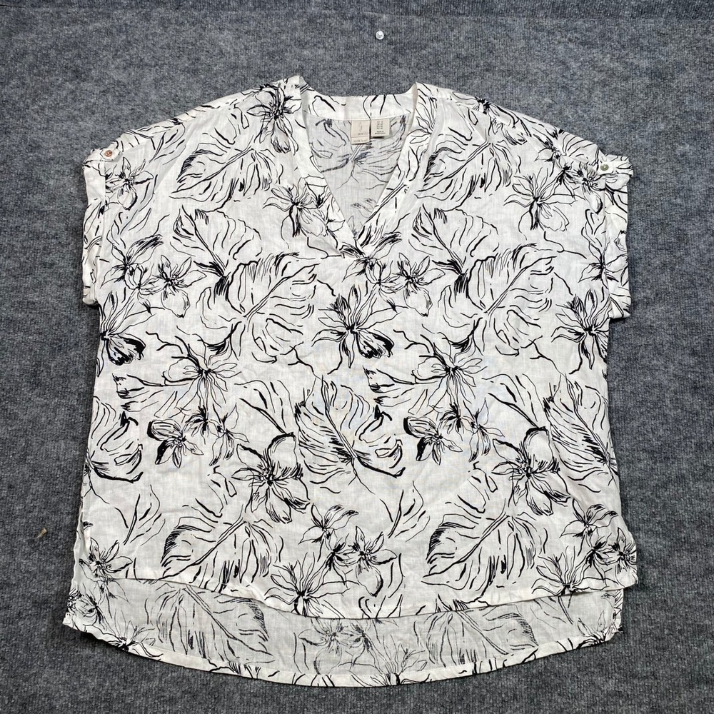Joie Womens 1X White Black Tropical Leaf Print 100% Linen V-Neck Top High-Low
